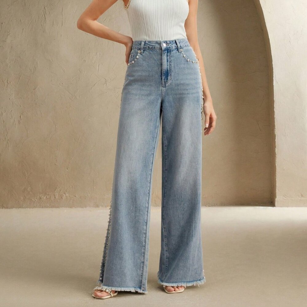 Blue Casual Women's Denim Jeans With Pearls And Pockets